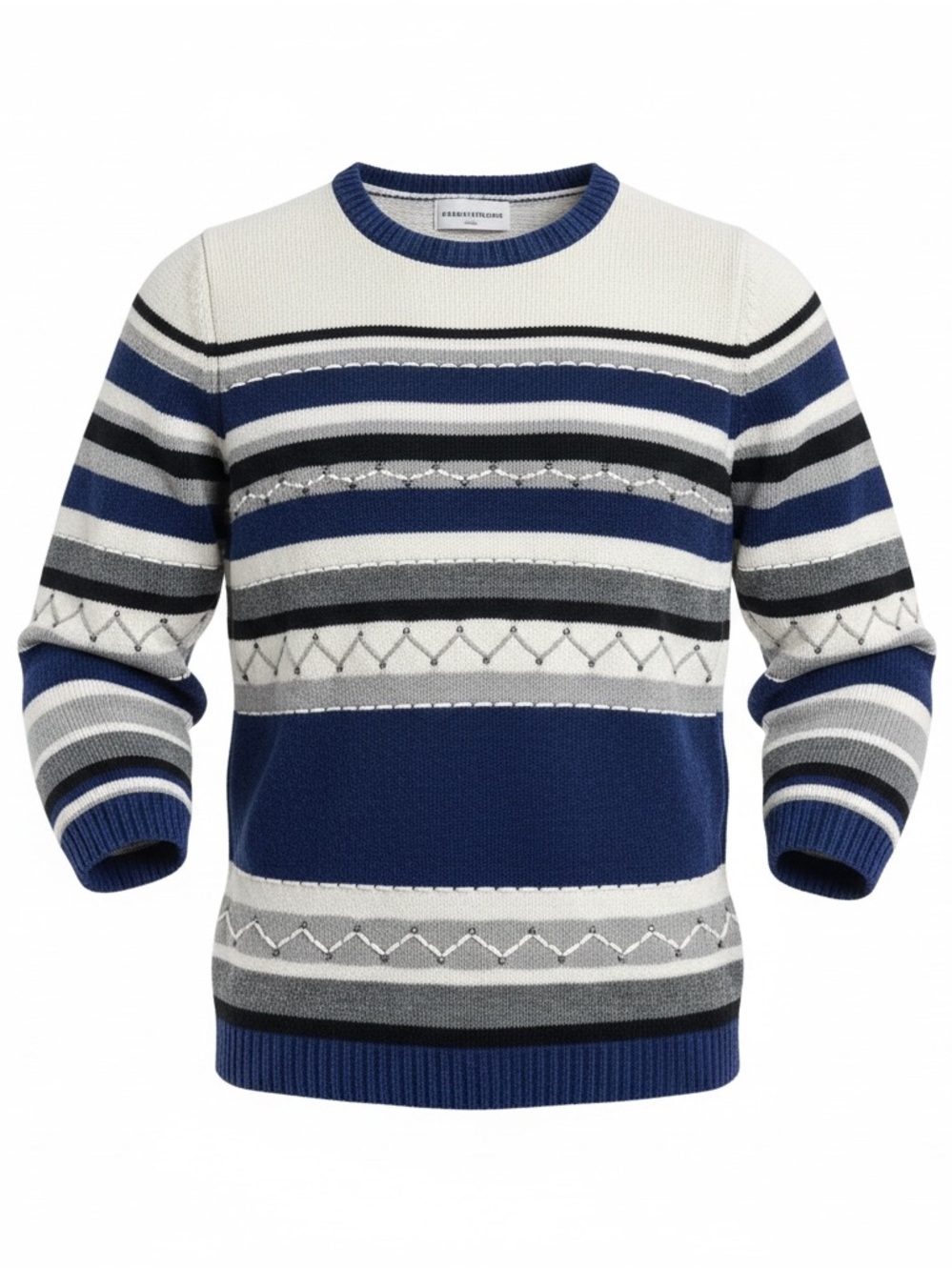 Alfred Dunner Navy, White & Gray Striped Crewneck Sweater